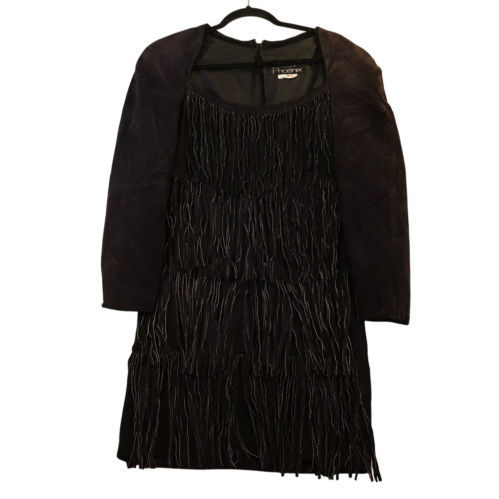 Phoenix Women S Mini Dress Black Suede Fringe Western Long Sleeve Vintage USA